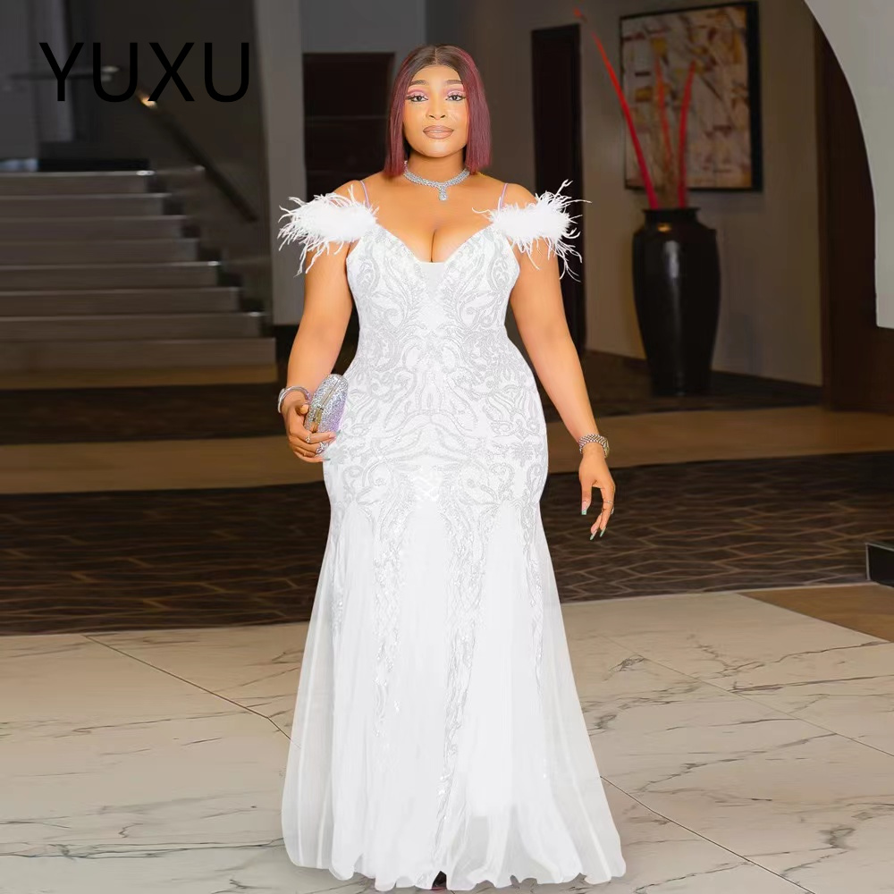 plus Size Aso Ebi Prom Dresses feather sequined Illusion Mermaid Long Sleeves Lace Tulle Evening Formal Dress for Special Occasions Birthday Party Gow