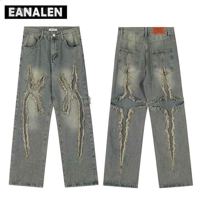 Harajuku Vintage Tie-Dye Loose Jeans Mens Y2K Streetwear Gothic Punk Oversized Casual Pants Womens Wide Legs Bermuda Grunge 240814