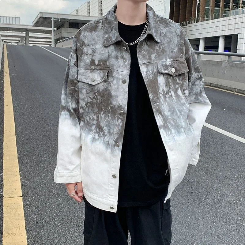 Pink Tie Dyed Jean Jacket Mans Gradient Color High Street Couple Jacket Spring and Autumn Long Sleeve Lapel Coats Ropa Hombre 240814