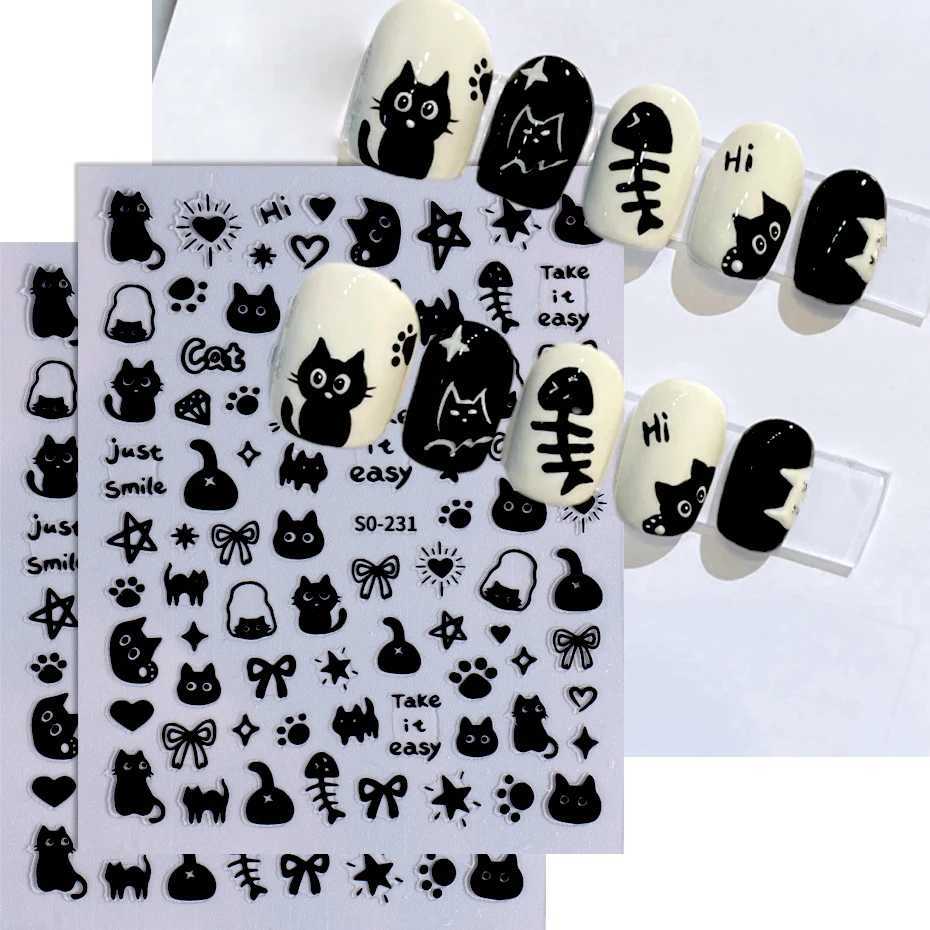 2pcs 3D Black Kawaii Cat Nail Stickers Decals Love Heart Y2K Star Bow Cartoon Self Adhesive Nail Sliders Decorations ManicureXJ240814