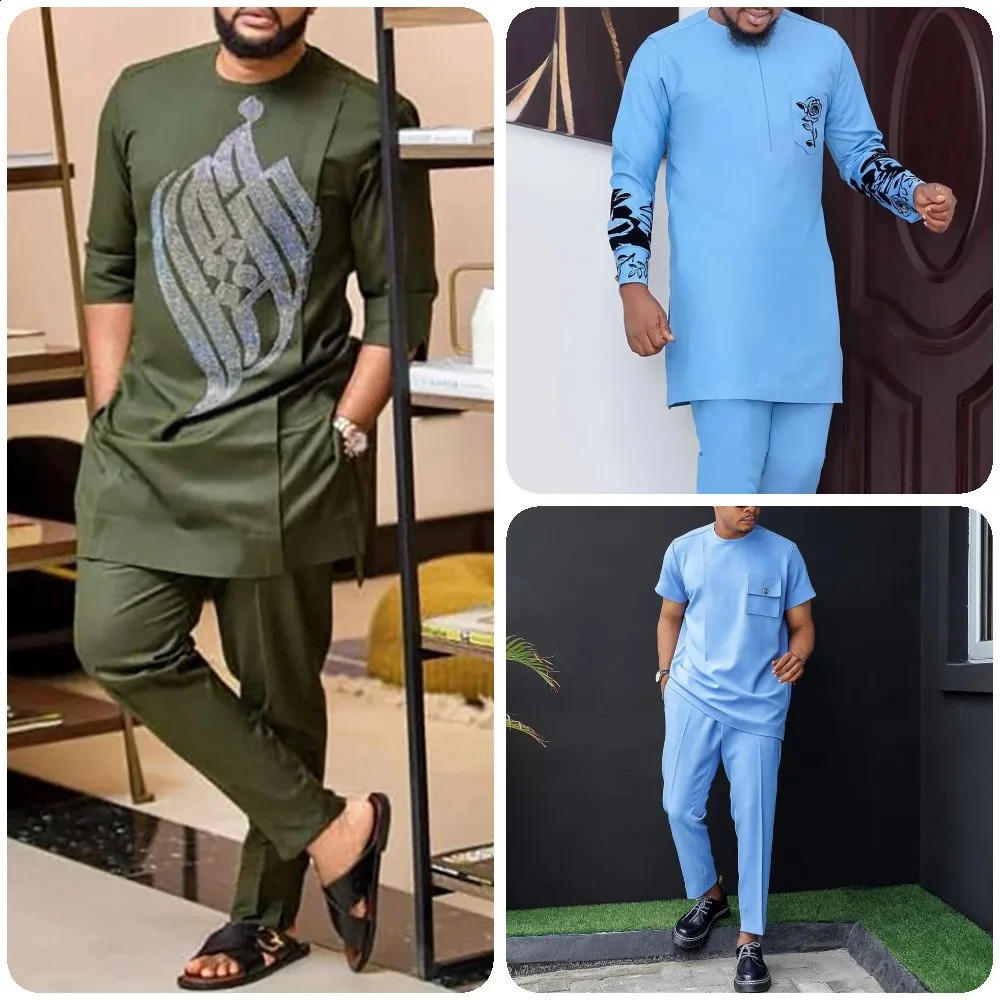 In Casual Dashiki T-Shirt Diamond Pattern Mens Clothing Round Neck Half-sleeved African Ethnic outfit Elegant Suits for men 240814