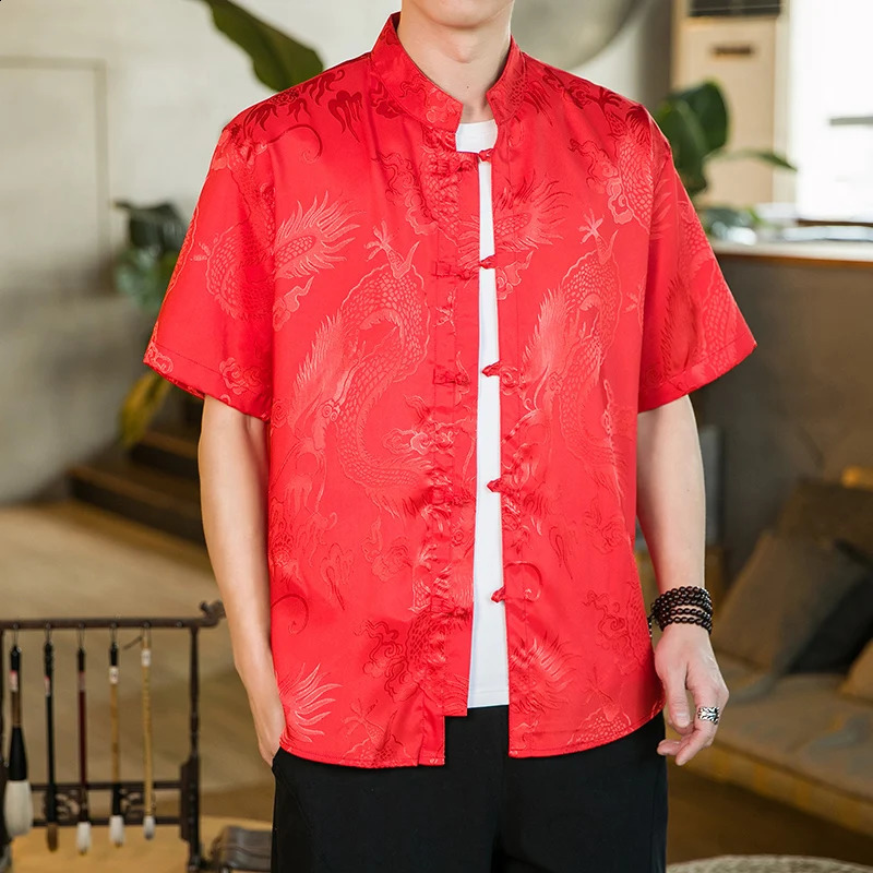 Men Shirt Mandarin Collar Short Sleeve Summer Oversize 5XL Plus Size Men Formal Black White Red Chinese Year Clothing Retro 240815