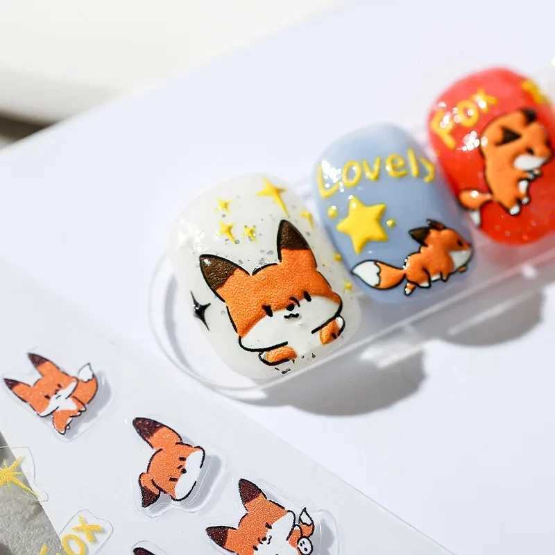 Lovely Red Fox Cartoon 5D Soft Reliefs Self Adhesive Nail Art Stickers Cute 3D Nail Decoration Decals Wholesale DropshippingXJ240814
