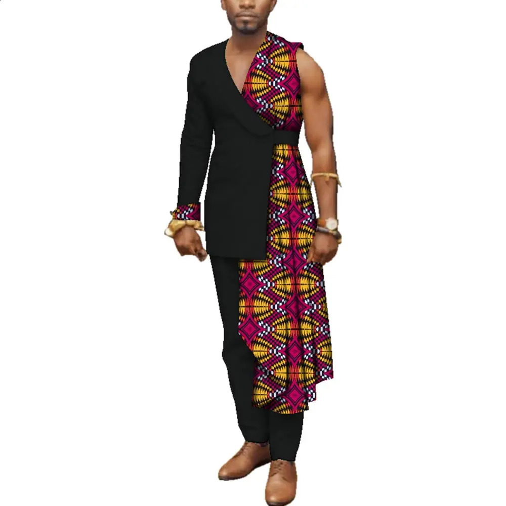 Men Bazin Riche Patchwork One-Shoulder Top and Pants Cotton 2 Pieces Pants Sets Special Custom Mens African Clothing WYN497 240814