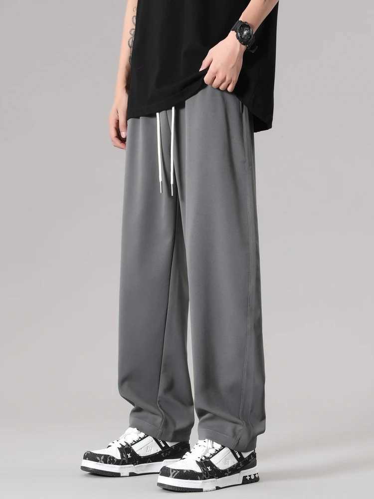 Spring Summer Mens Sweatpants Korean Fashion Drawstring Waist Casual Track Pants Male Sportswear Loose Straight Draped TrousersM240815