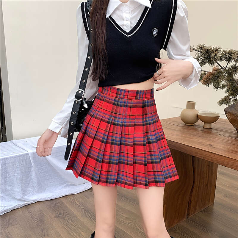 Tennis Y2K Mini Women Green Red Plaid Thick Wool High Waist Pleated Skirt Student Preppy Style Outfit Christmas