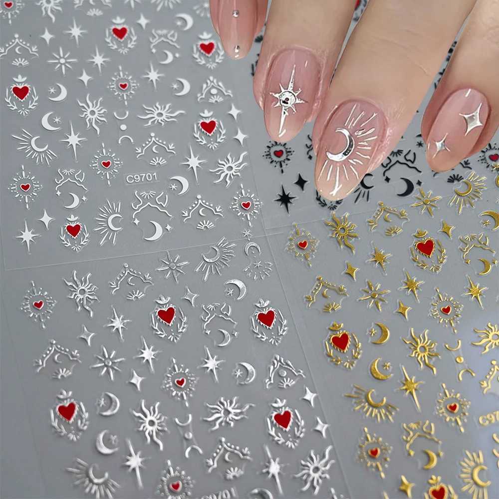 1pcs 3D Bronzing Gold Love Heart Nail Art Stickers Y2K Holographic Stars Sun Sliders Starlight DIY Decals Manicure DecorationXJ240814