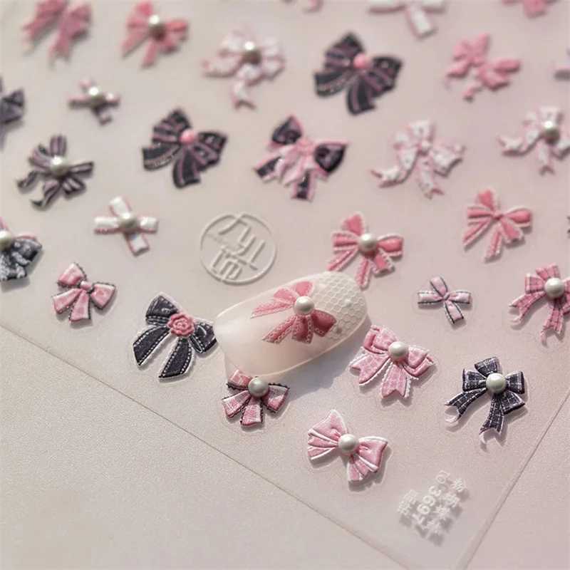 Sweet Pink Black Bowknot Nail Stickers High Quality Pearl Bead Design Adhesive Stickers Nail Art DecorationXJ240814