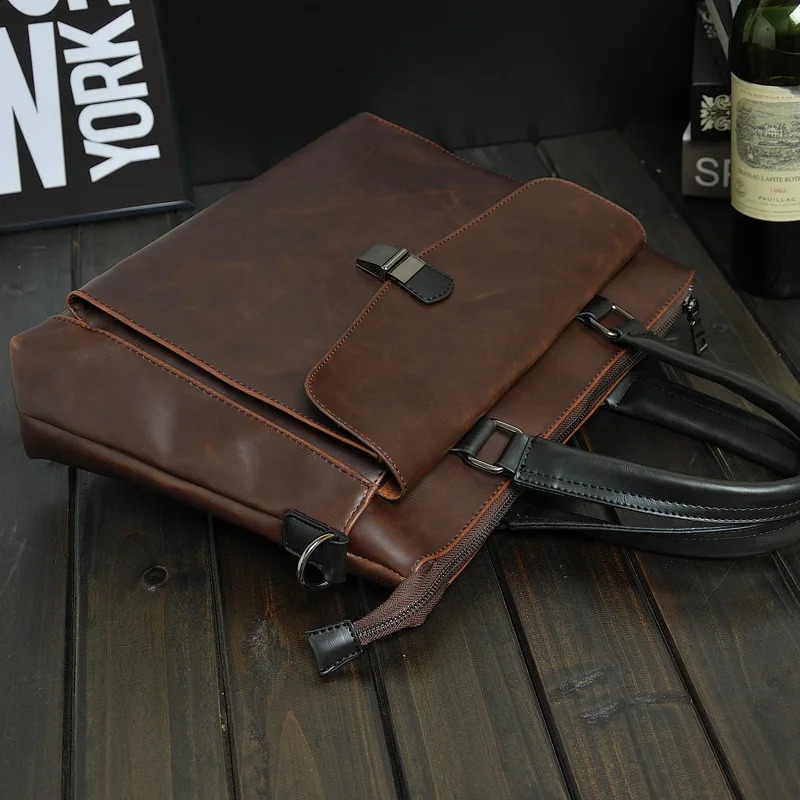 Vintage MenS Briefcase Crazy Horse PU Leather Executive Laptop Executive Handbag Tote Messenger Business Portfolio Side Bag 240813
