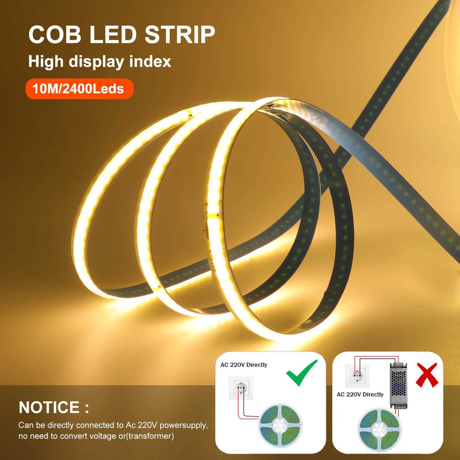 5M 10M AC220V COB LED Strip 240LEDs/m 8mm PCB Adhesive High Density Linear Lighting COB Light Bar White/Warm White/Natural White CL240815