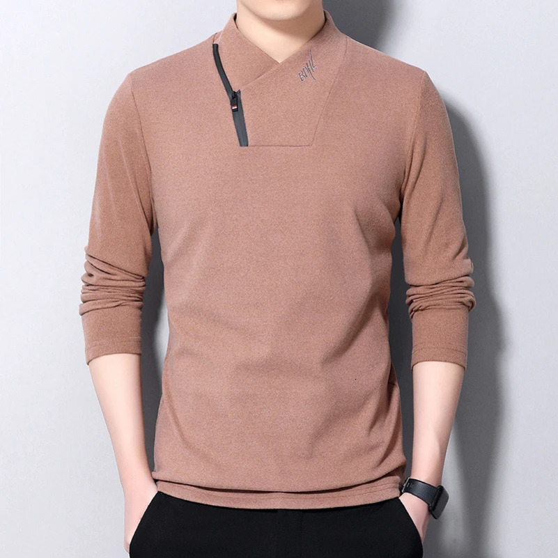 Mens Casual Suede Long Sleeve Polo Shirt Fashion Solid Polo Top 240814