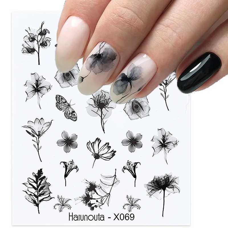 Harunouta Winter Simple Ink Blooming Theme Water Decal Sticker Black Flower Leaf DIY Slider For Manicuring Nail Art WatermarkXJ240814