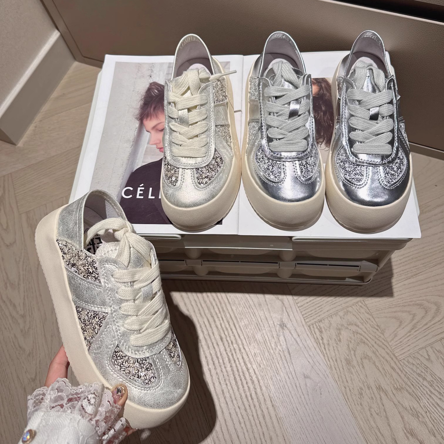 Women shoes Fashion Breathable Thick Sole Casual Shoes Lace Up Silver Free shipping