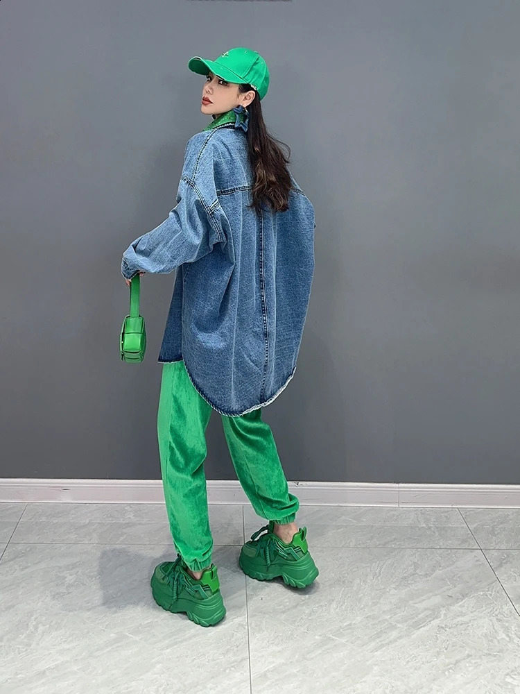 Vefadisa 2024 Autumn Green Women Patchwork Denim Jacket Lapel Long Sleeve Irregular Coat Temperament All Match Coat ZXY745A 240814