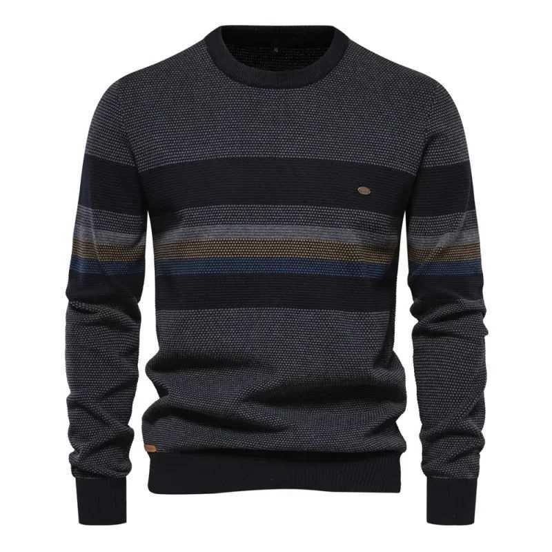 2023 Autumn Retro Long Sleeved Mens Sweater Slim Fit Round Neck StripeXJ240814