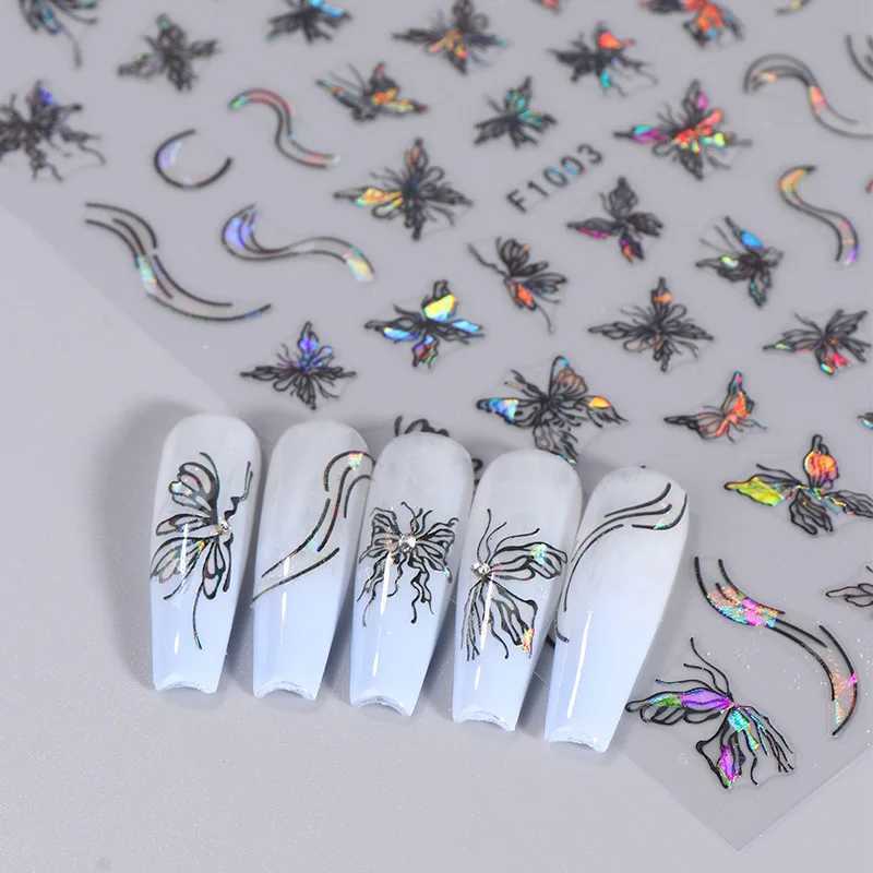 1PCS New 3D Black and White Butterfly Streamers Nail Stickers Y2K Decoration Laser Geometric Pattern Stickers Nail Art DecalsXJ240814
