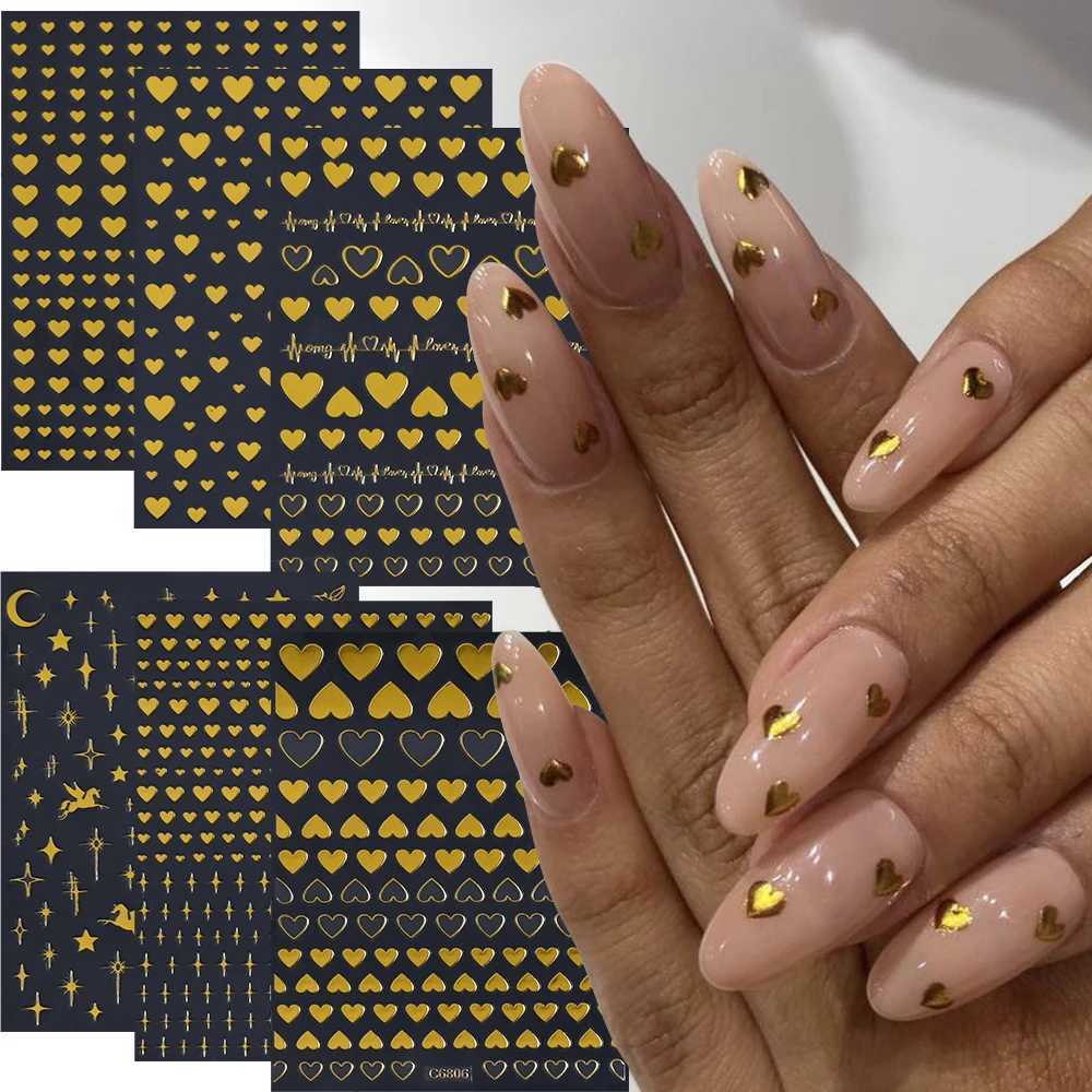 6/4Pcs Black White Love Heart 3D Nail Stickers Cute Self Adhesive Bronzing Star Moon Slider Valentine Decals Manicure DecorationXJ240814