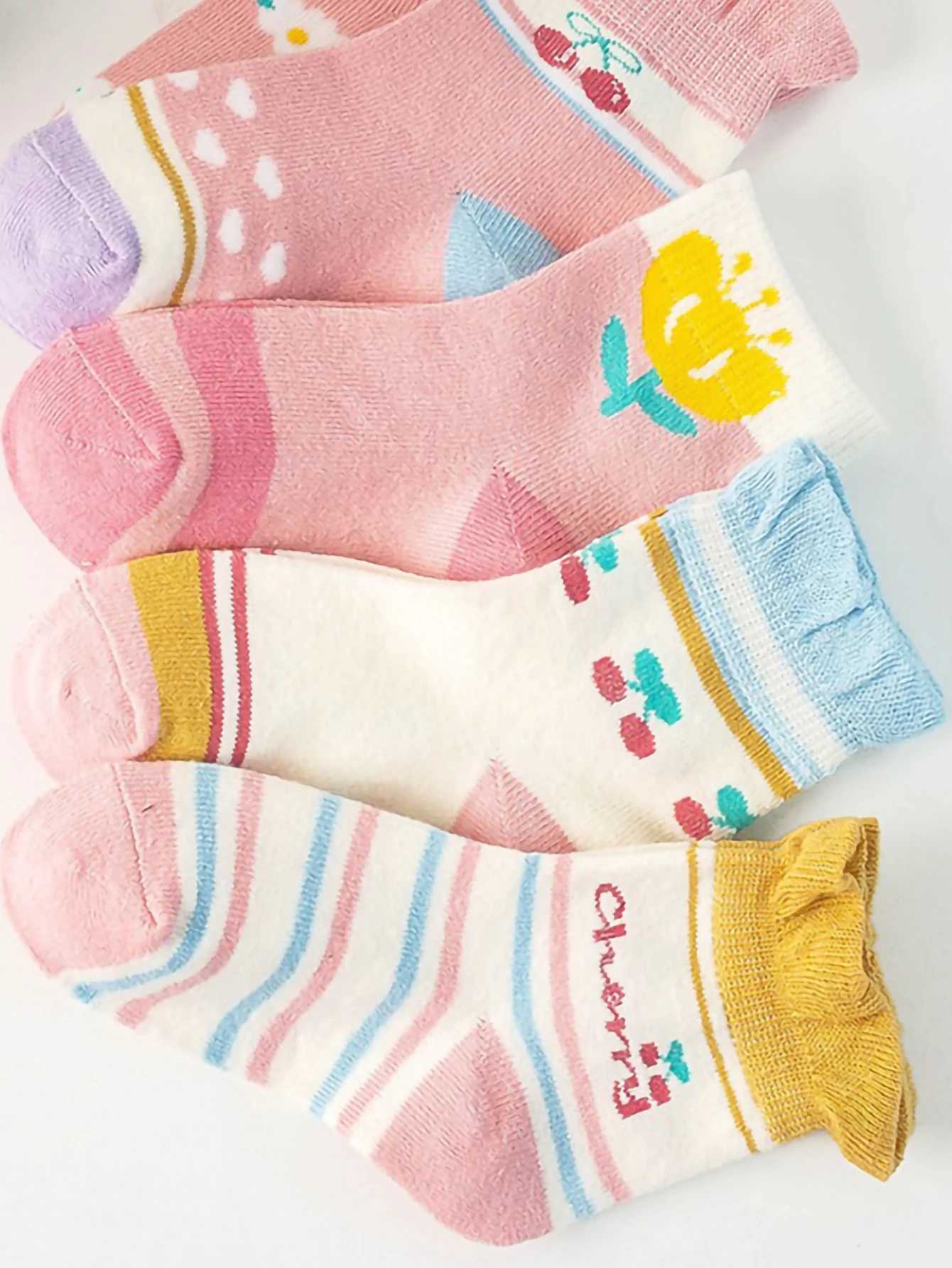 5 pairs of autumn and winter new childrens cotton socks girls mid tube lace striped sports socks W240814