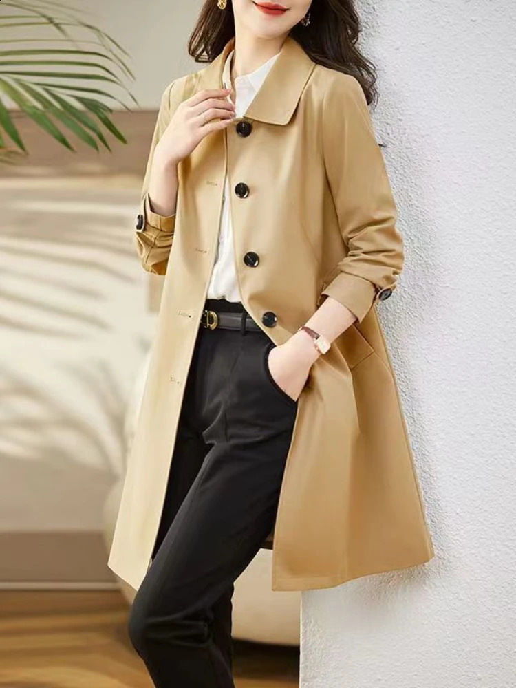 Womens trench coat Korean style oversized retro solid casual womens elegant jacket 240814