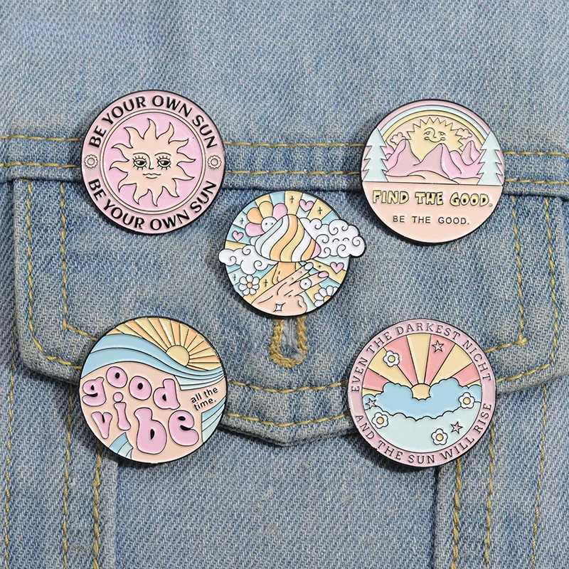 Cartoon circular landscape enamel badge sun mushroom mountain flower interesting English letters Alloy Brooch Versatile Jewelry W240815
