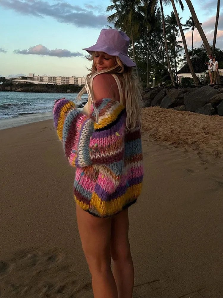 Fashion Striped Knitted Cardigan Women Elegant Long Sleeve Rainbow Color Loose Sweater Autumn Female High Streetwear 240824