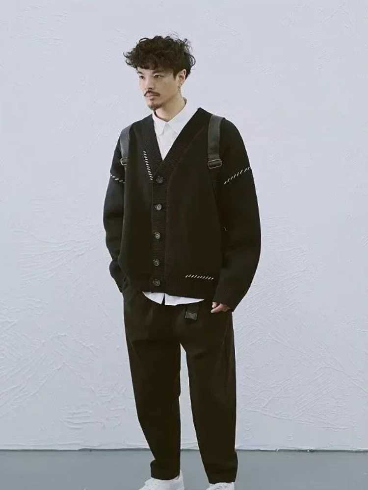 Mens Clothing Japanese Retro Cardigan Knit Sweater Male Coat Jacket Patchwork Black Long Sleeve 100% Sweat-shirt Baggy Street AXJ240814