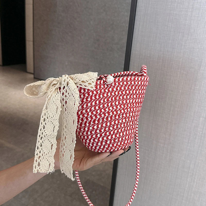 Womens Cotton Woven Bag Summer Trendy Portable Beach Bucket Crossbody Knitted Shoulder for Travel 240814