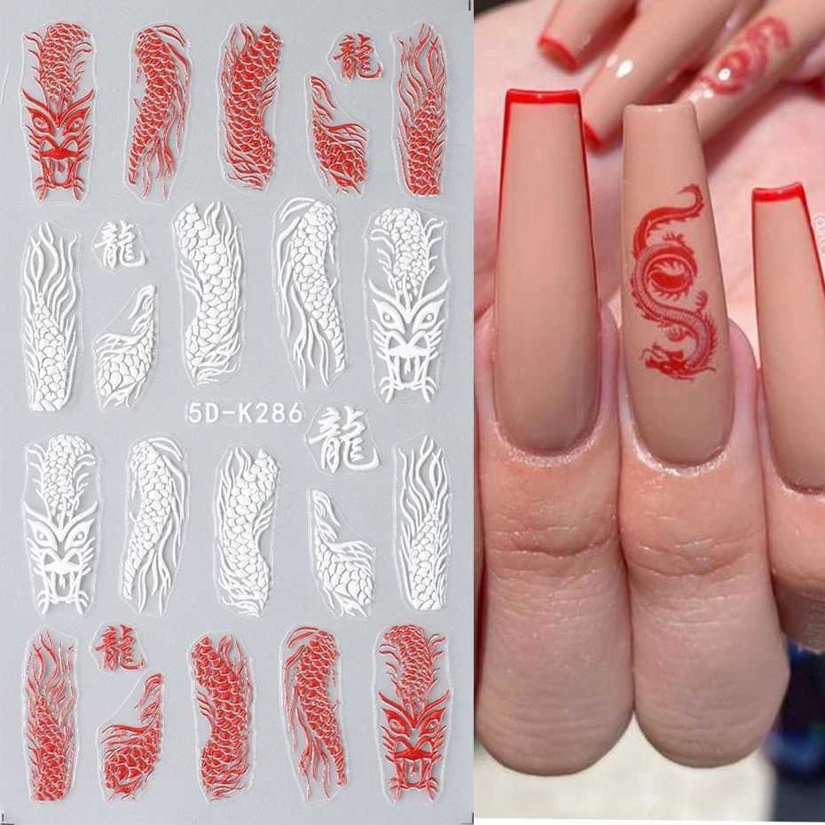 5D Dragon Snake Nail Decoration Art Stickers Black White Red Dragon Snake Chinese Character Design Gothic Style Sliders ManicureXJ240814