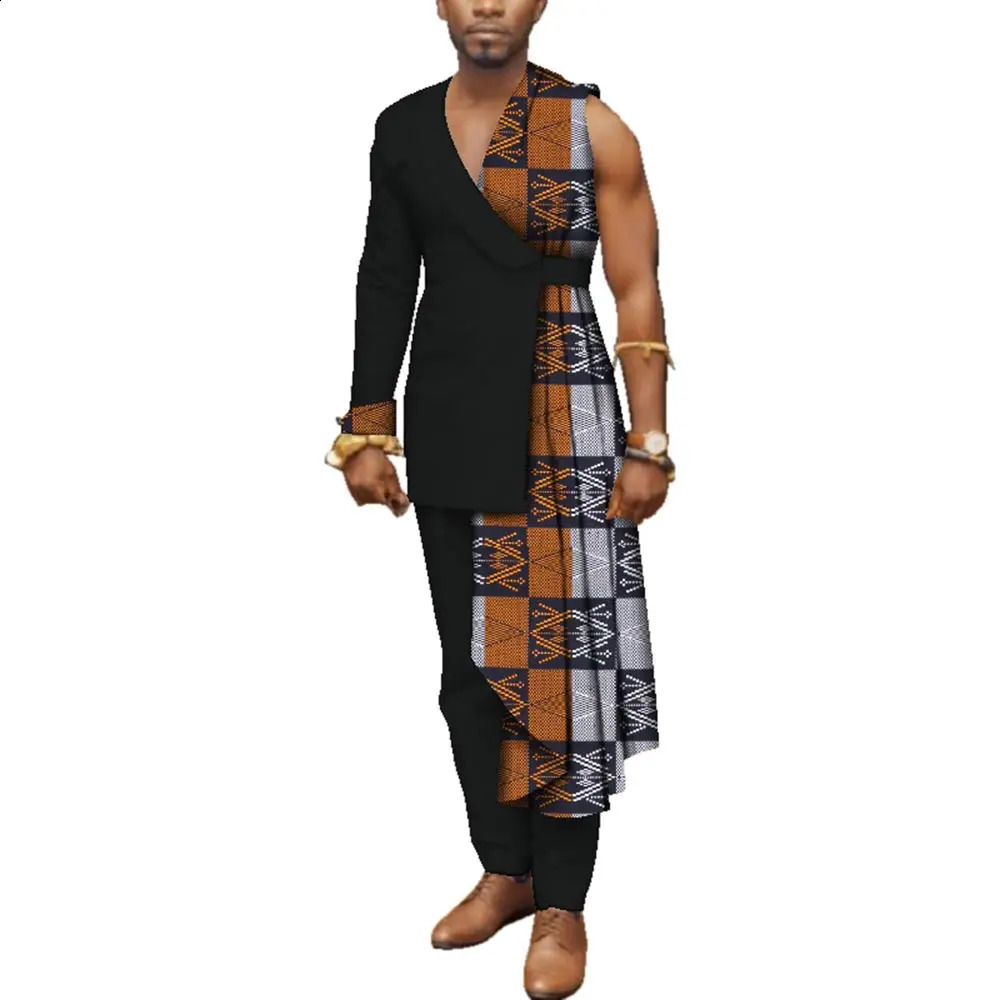 Men Bazin Riche Patchwork One-Shoulder Top and Pants Cotton 2 Pieces Pants Sets Special Custom Mens African Clothing WYN497 240814