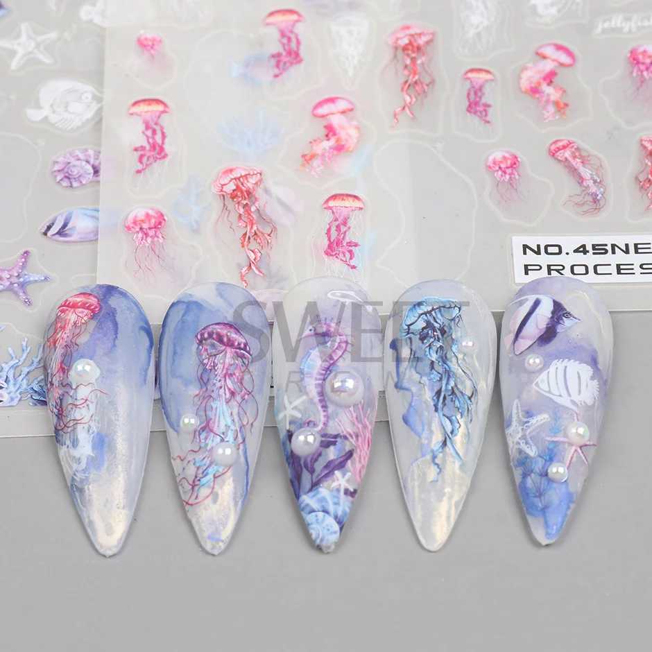 Sea Animal Jellyfish Nail Stickers Blue Shell Star Fish 3D Decals Beach Wave Palm Tree Nail Art Sliders Scrub Spring Design SANOXJ240814
