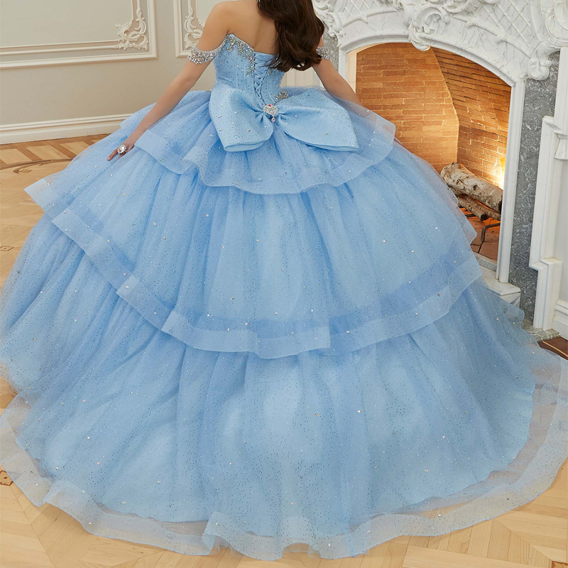 Sky Blue Shiny Princess Quinceanera Dress Ball Gown Classic Beads Crystal Bow Sequin Tull Sweet 16 Dress Vestidos De 15 Anos