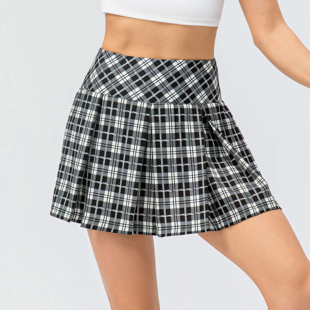 Sport Women Skort Pockets High Waist Pleated Check Printed Anti-glare Dance Golf Tennis Running Shorts with Skirt