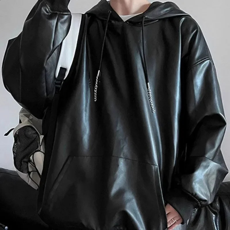 Pu Racing Hooded Jacket Mens Spring Autumn Loose Locomotive Leather Jackets Solid Color Long Sleeves Pockets Hoodies Tops 240814