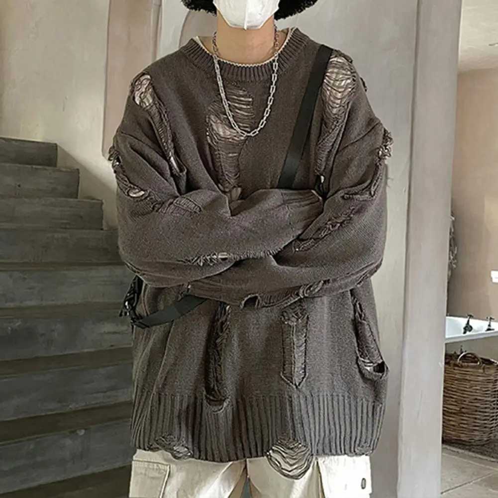 Ripped Hole Sweater Hollowed Out Women Sweater Streetwear Mens Sweater Hip Hop Style Ripped Two-piece Design Knitted Round NeckXJ240814