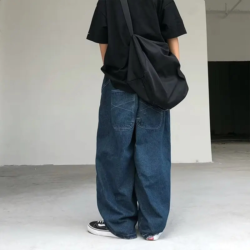 Japanese Oversized Jeans Mens Fashion Baggy Solid Color Casual Stitching Trousers Street Straight Harajuku Denim Pants 240814
