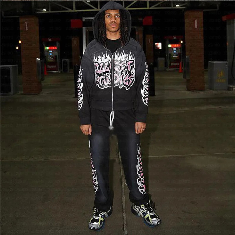 Y2k Vintage Black Creative Pattern Hoodie Fashion Loose Oversized Hooded Sweatshirt Gothic Streetwear Men Women zipper Clothes 240809