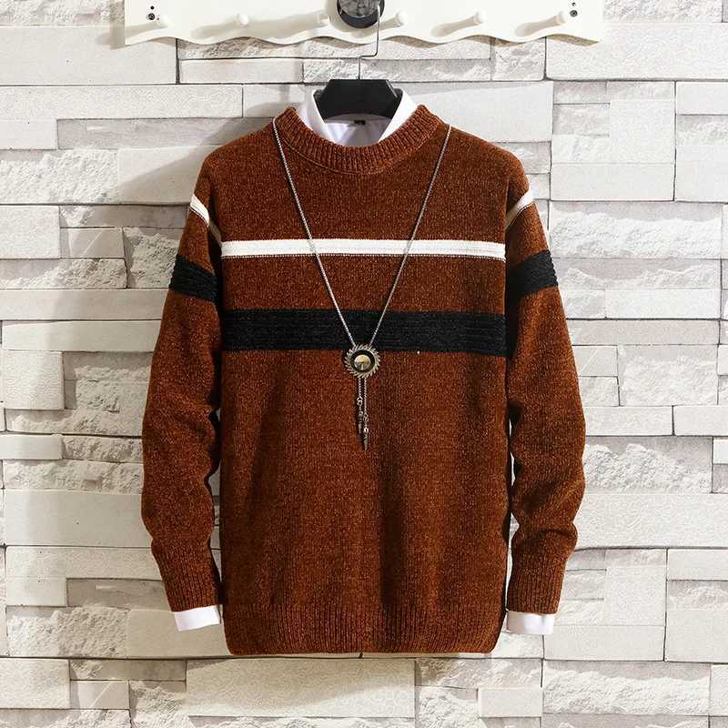 Autumn and Winter Sweaters Mens Round Neck Stripe Contrast Chenille Elastic Casual Versatile Solid Knit Pullover TopXJ240814