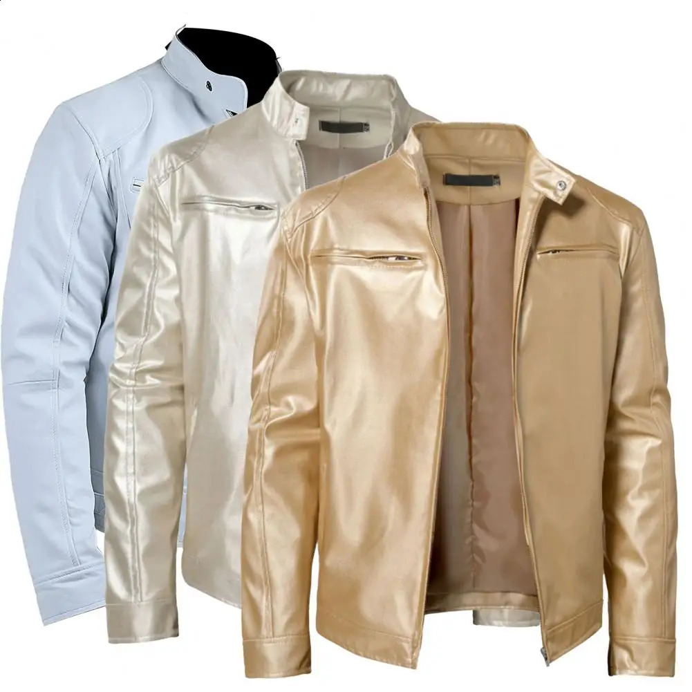 Shiny Gold Leather Jackets For Men Night Club 2024 Mens Fashion Jacket AntiWind Motorcycle Hip Hop Coat y240826