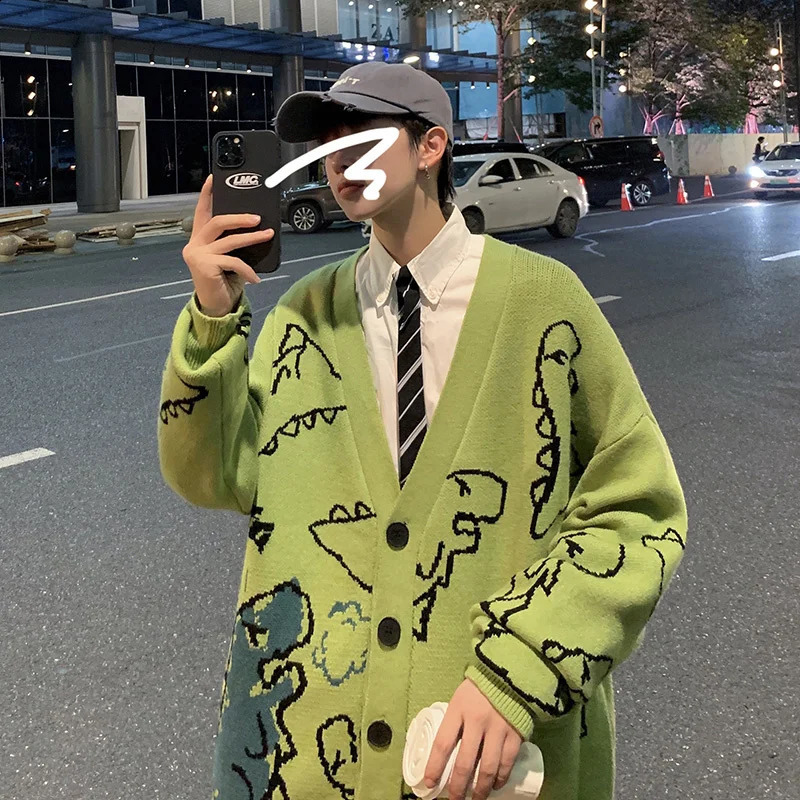 Autumn Oversize Cardigan Men Knitted Dinosaur Sweater Streetwear Loose Male Women Coat Doodle Hip Hop Pattern Winter 240814