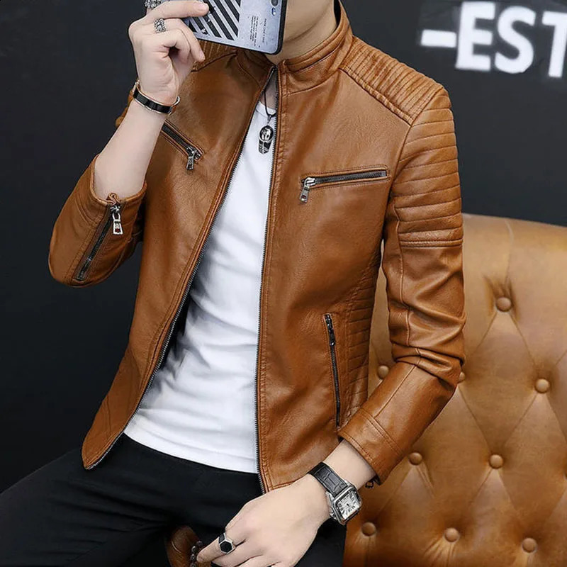 Motorcycle Jacket Mens Fashion Leather Jacket Slim Fit Stand Collar PU Jacket Male Anti-wind Motorcycle Jackets Men Coat 240814