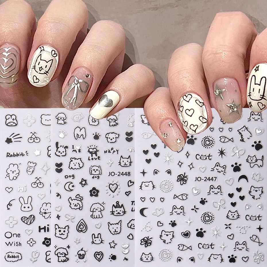 3D Cartoon Cute Cat Nail Stickers Graffiti Love Heart Gold Bronzing Star Sliders Silver Chrome Nail Art DIY Manicure DecorationXJ240814
