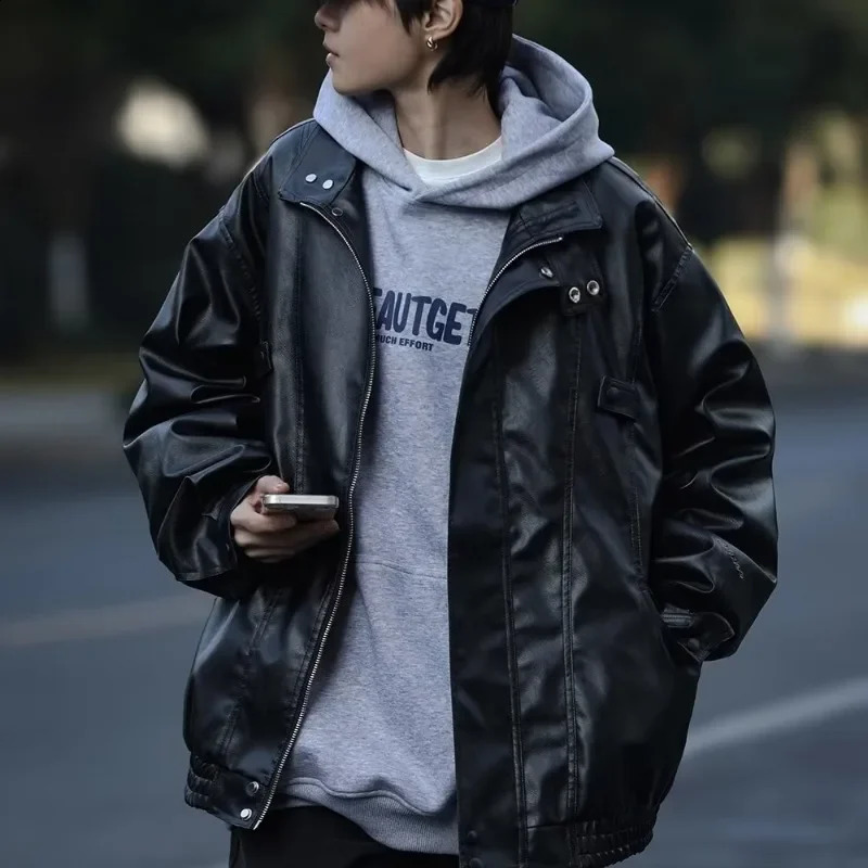 Trendy American Style Loose-fit Leather Jacket For Men Autumn Season Pu Leather Fighter Pilot Casual Versatile Top 240814