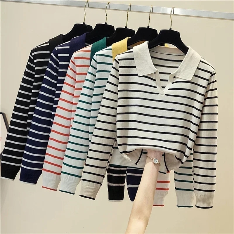 Womens striped V-neck pullover polo sweater early autumn full competition top long sleeved knitted bottom sweater 240827
