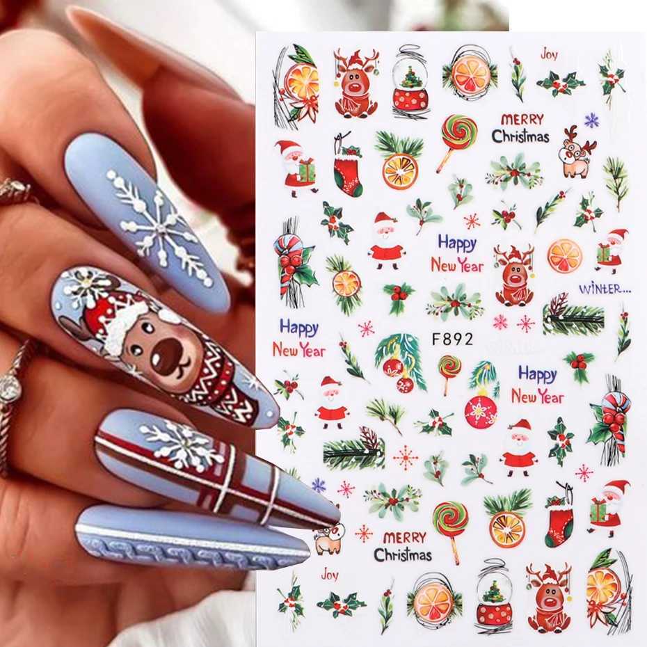 3D Christmas Nail Sticker Winter Snowflake Holly Tangerines Rosin Cartoon Santa Bird Elk New Year Nail Decal Design DecorationXJ240814