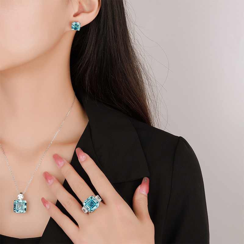 Choucong Top Sell Wedding Jewelry Sets Ladies Luxury Real 100% 925 Sterling Silver Asscher Cut Large Aquamarine Moissanite Diamond Stud Earring Women 