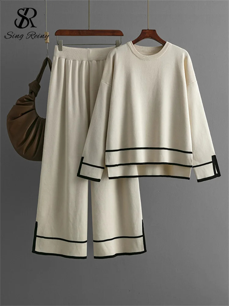 SINGREENY Fashion Knitted Set Womens Oneck Colorful Block Split TopHigh Waist Wide Leg Pants Casual Sweater 2PC 240809