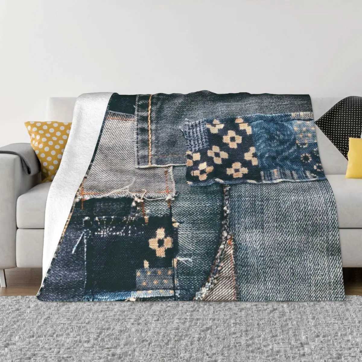 Denim Patchwork Blankets Fleece Winter Multifunction Warm Throw Blankets for Sofa Couch Bedspreads Y240815