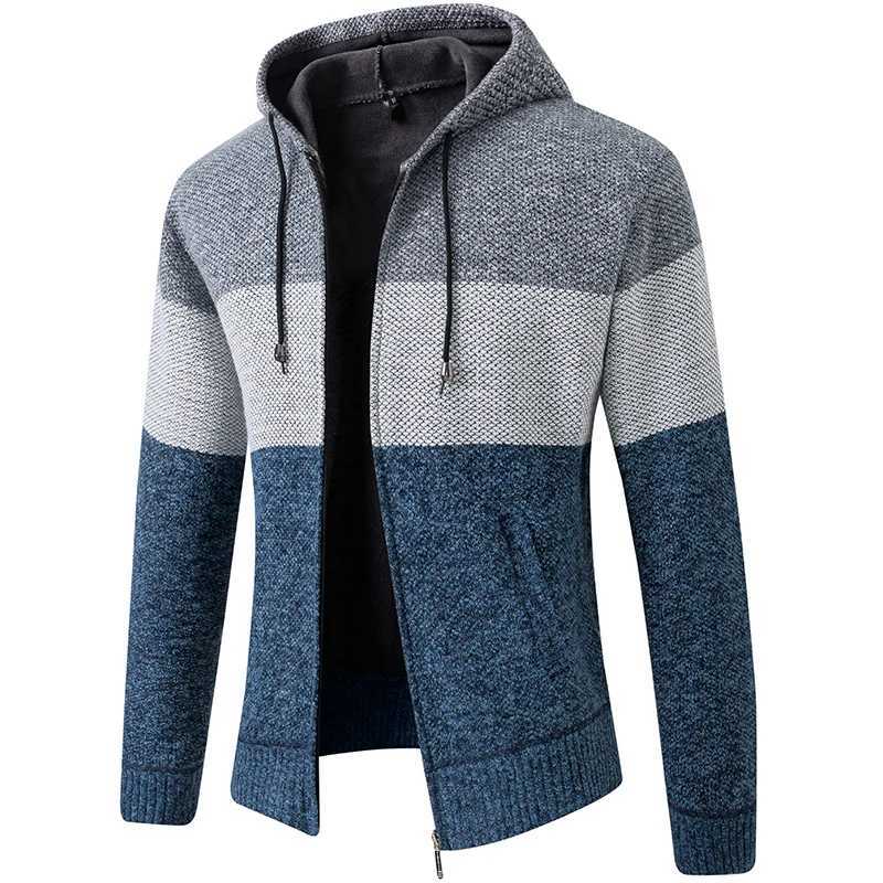 Plus velvet padded autumn and winter mens knitted cardigan sweater mens color matching hooded Korean sweaterXJ240814