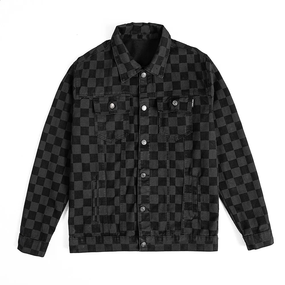 Mens plaid printed denim jacket casual loose plain denim jacket black long sleeved jacket 240814