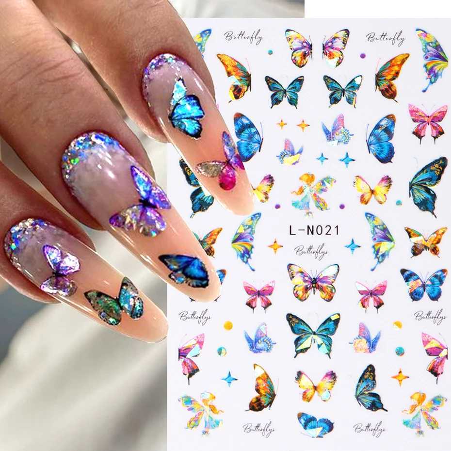 Laser Blue Butterfly 3D Nail Stickers Holographic Colorful Geometry Decals DIY Decals Designs For Nail Art Manicures DecorationsXJ240814